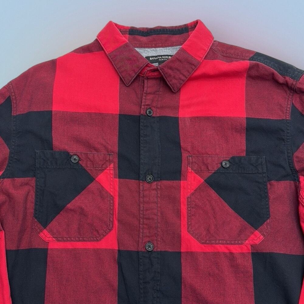 BANANA REPUBLIC Men’s Red Black Plaid LARGE TALL SLIM FIT Flannel Shirt